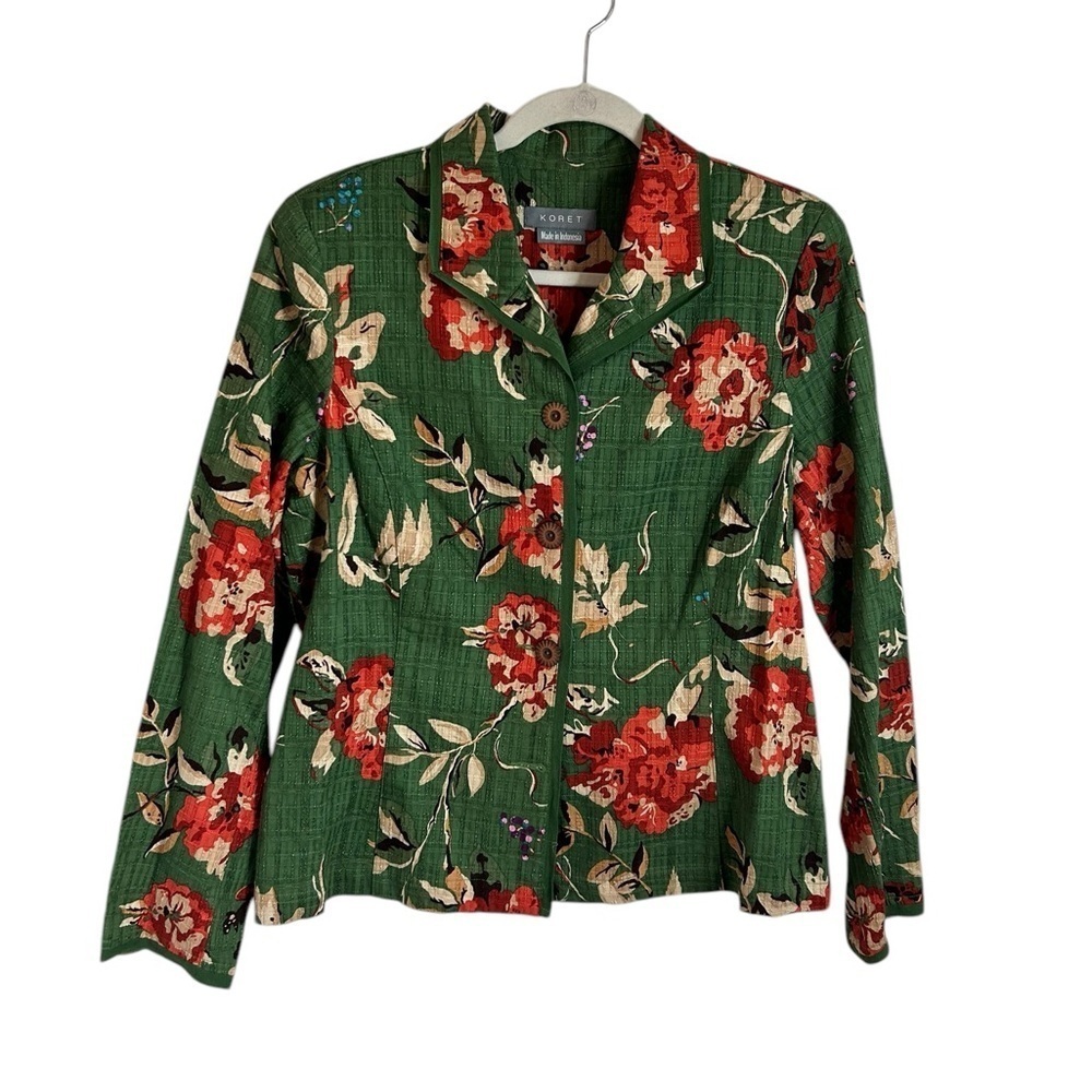 Koret Green Floral 100% Cotton Textured Blazer Jacket Cottagecore Womens Sz Med
